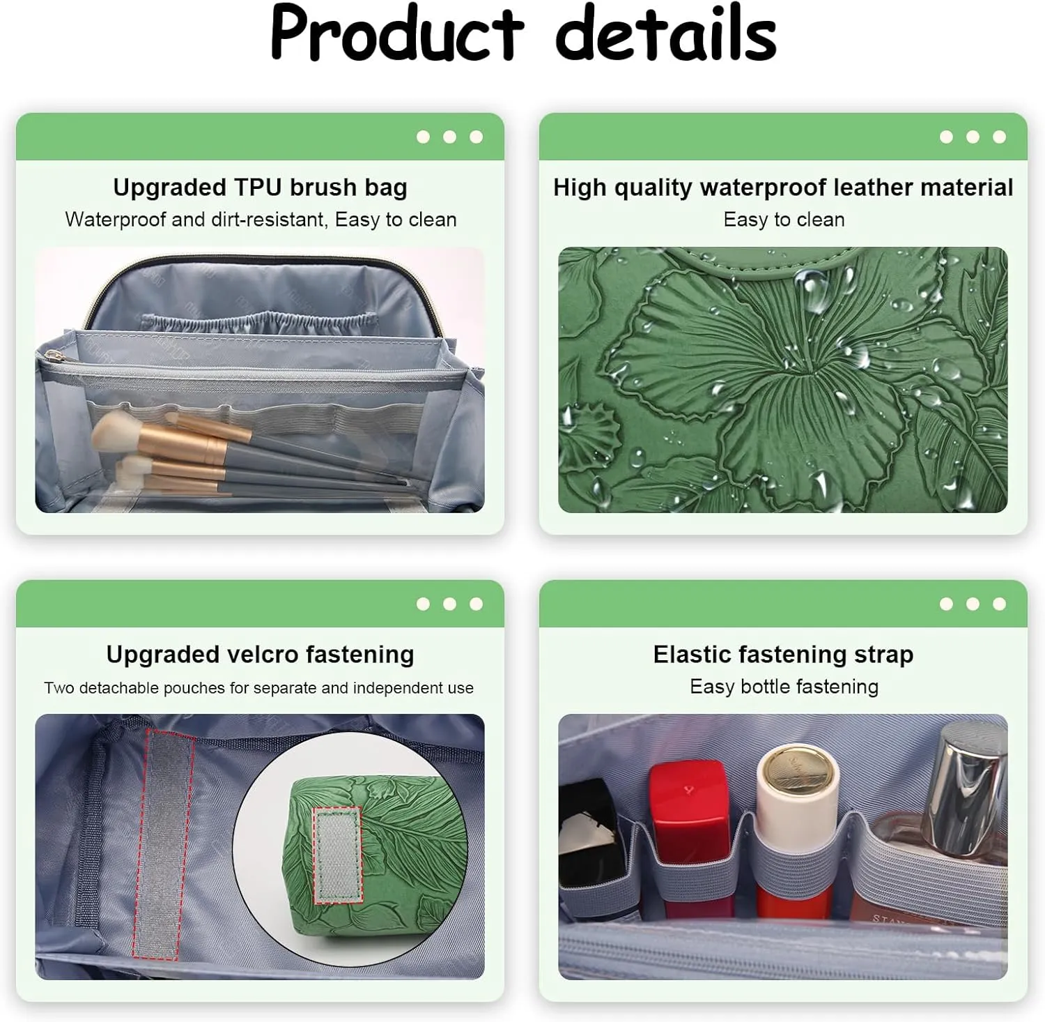 BOYATU Travel Makeup Bags Cosmetic Organizer Bag: 3-Set Large Capacity Make up Bag - PU Leather Toiletry Bags for Women - Wide Open Portable Pouch with Divider & Handle (03-Green-2)