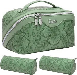BOYATU Travel Makeup Bags Cosmetic Organizer Bag: 3-Set Large Capacity Make up Bag - PU Leather Toiletry Bags for Women - Wide Open Portable Pouch with Divider & Handle (03-Green-2)