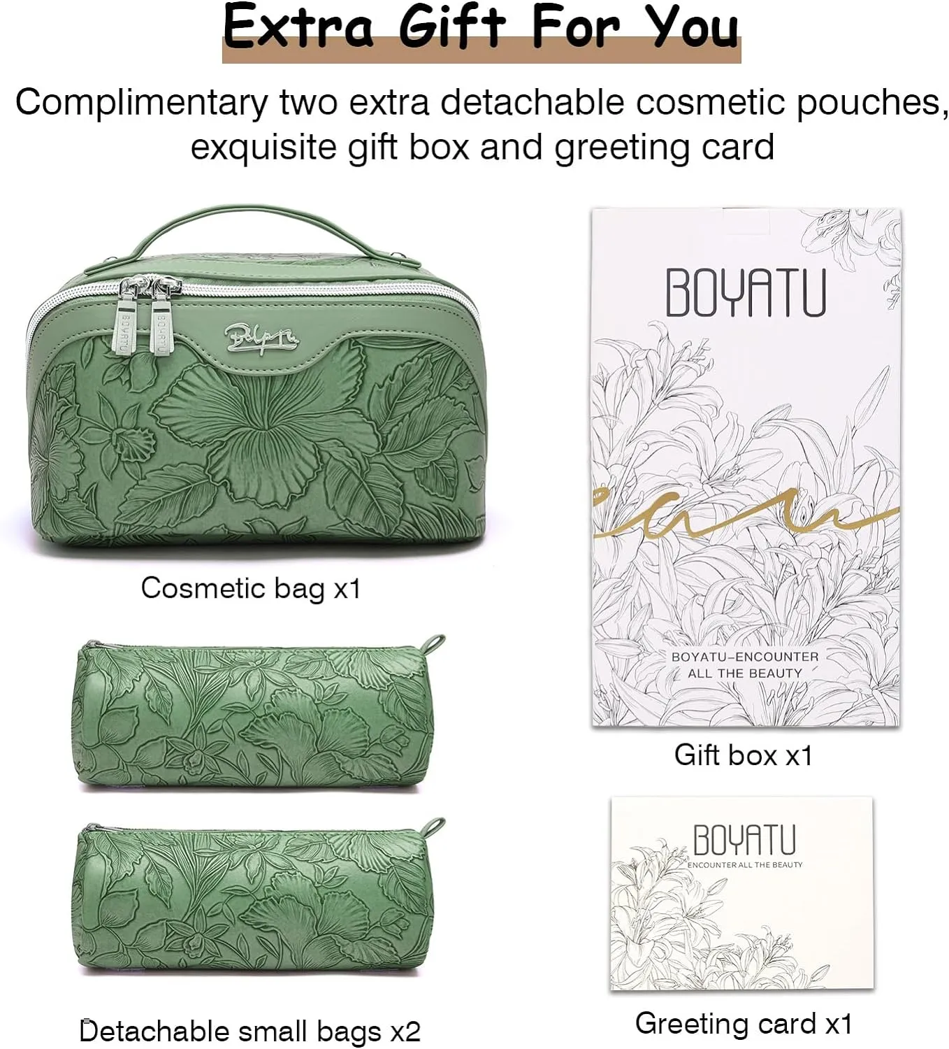 BOYATU Travel Makeup Bags Cosmetic Organizer Bag: 3-Set Large Capacity Make up Bag - PU Leather Toiletry Bags for Women - Wide Open Portable Pouch with Divider & Handle (03-Green-2)
