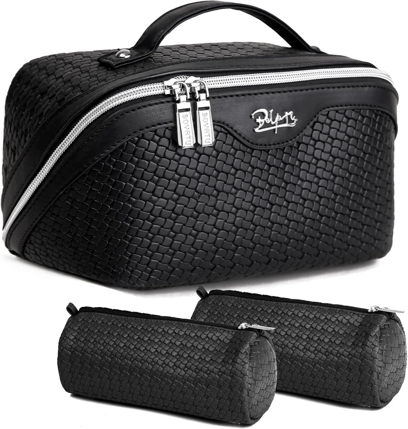 BOYATU Travel Makeup Bags for Women: 3-Set Large Capacity Make up Bags with Compartments - PU Leather Cosmetic Bag for Traveling (L08 Black)