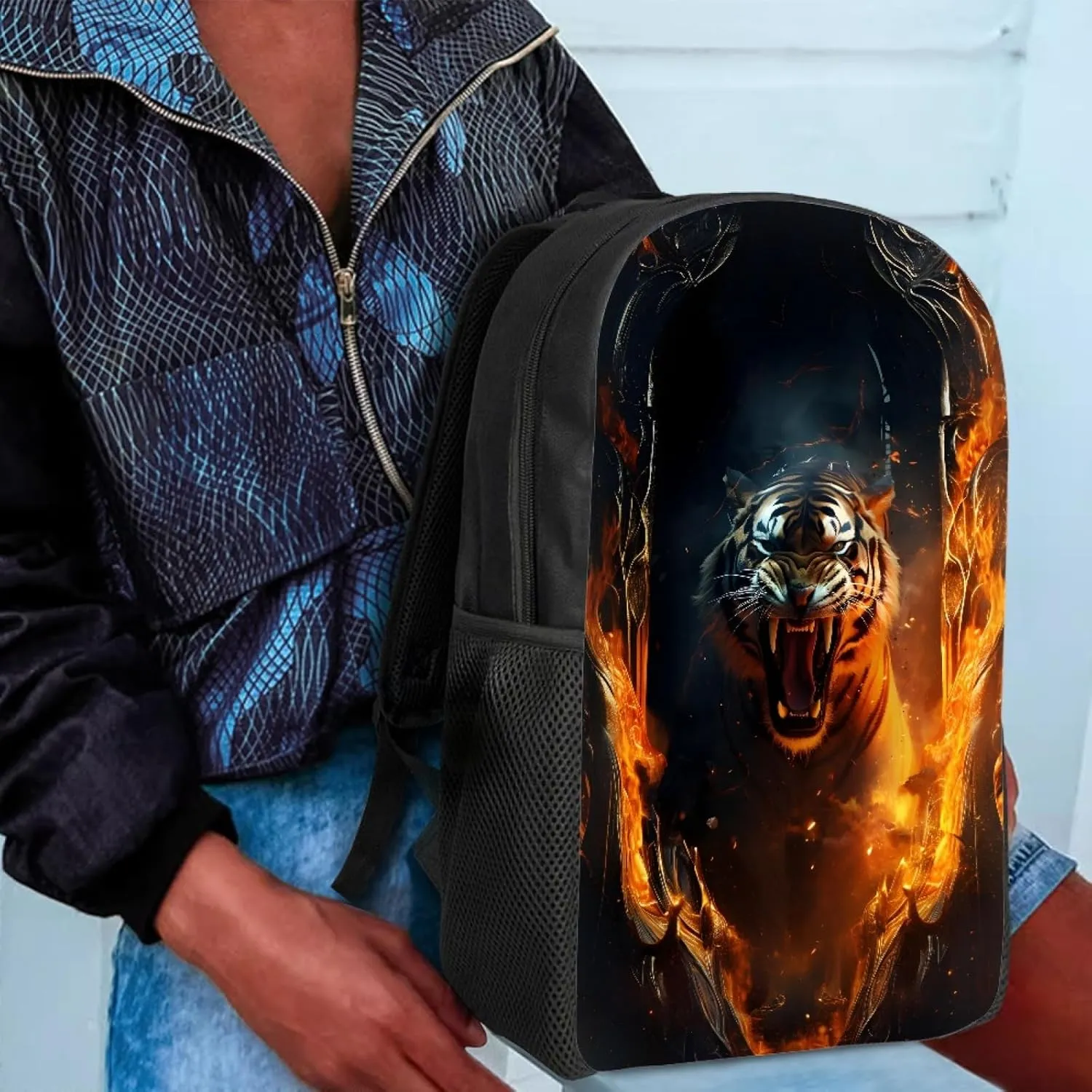 Boys Girls 3D Cool Fox Printed School Backpack Laptop Backpacks School Bag Daypack for Travel Casual,Fire Anger Wolf