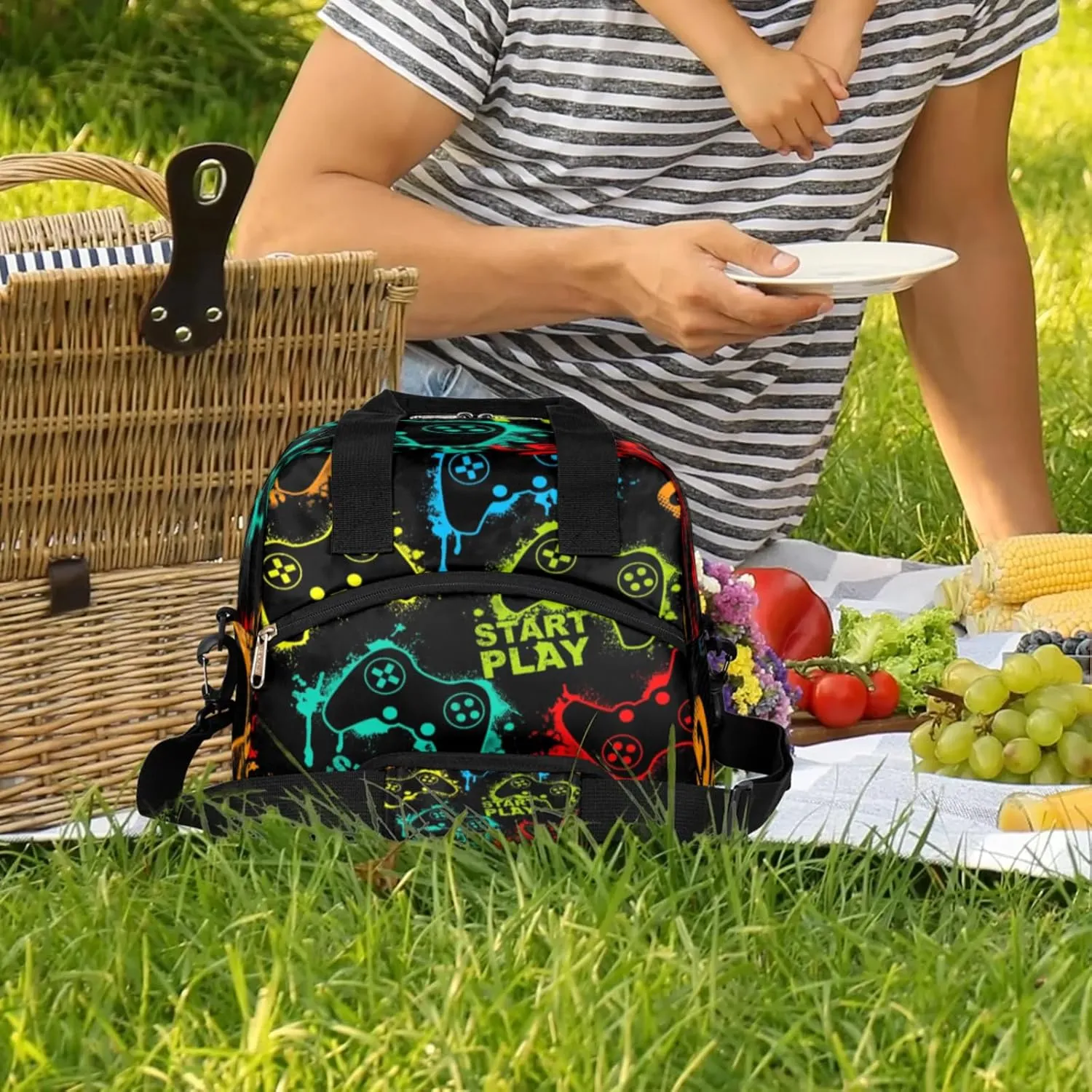 Boys lunch Tote Box Game Theme Leakproof Insulated Cooler Bag & Meal Prep Kids Lunch Bags with Removable Shoulder Strap For School Picnic Hiking Work Travel