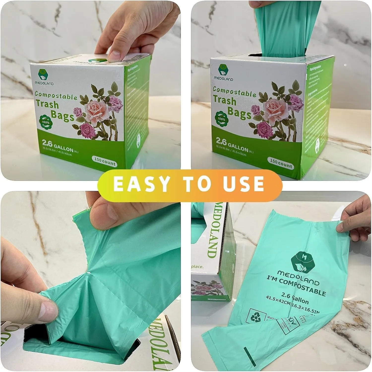 BPI Certified Compostable Trash Bags 2.6 Gallon (150Count) - 2X Thicker Than Regular, Fits Countertop Bins, 0.71mil Thick & Leakproof for Food Scraps, 90-Day Breakdown, Plant-Based Kitchen Waste Bags