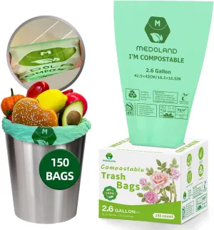 BPI Certified Compostable Trash Bags 2.6 Gallon (150Count) - 2X Thicker Than Regular, Fits Countertop Bins, 0.71mil Thick & Leakproof for Food Scraps, 90-Day Breakdown, Plant-Based Kitchen Waste Bags