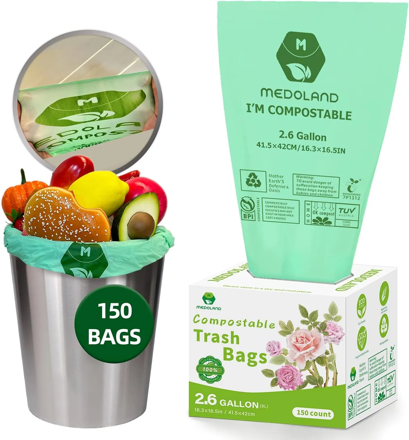 BPI Certified Compostable Trash Bags 2.6 Gallon (150Count) - 2X Thicker Than Regular, Fits Countertop Bins, 0.71mil Thick & Leakproof for Food Scraps, 90-Day Breakdown, Plant-Based Kitchen Waste Bags