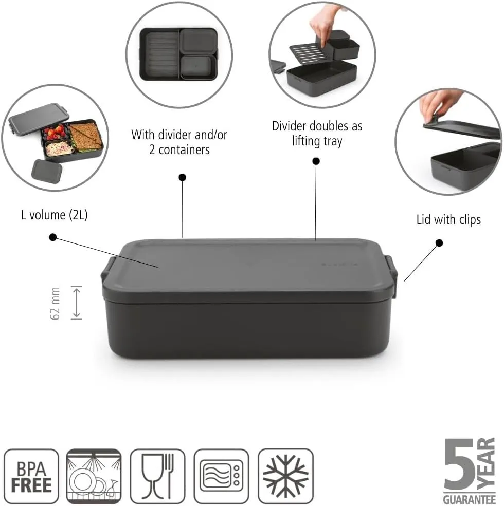 Brabantia Make & Take Bento Lunch Box (Dark Gray) 2 Compartments & Lidded Pot, Lift-Out Tray Divider, BPA-Free, Airtight Snap Locks, Microwave & Freezer Safe, Travel Meal Prep Container