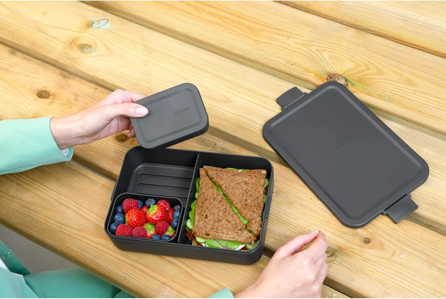 Brabantia Make & Take Bento Lunch Box (Dark Gray) 2 Compartments & Lidded Pot, Lift-Out Tray Divider, BPA-Free, Airtight Snap Locks, Microwave & Freezer Safe, Travel Meal Prep Container