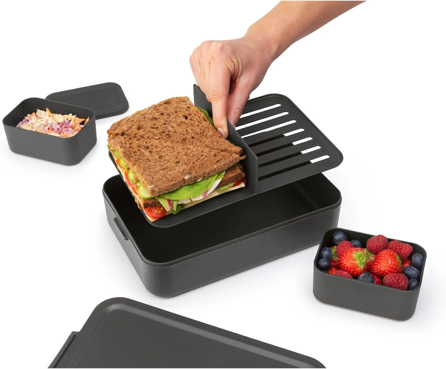Brabantia Make & Take Bento Lunch Box (Dark Gray) 2 Compartments & Lidded Pot, Lift-Out Tray Divider, BPA-Free, Airtight Snap Locks, Microwave & Freezer Safe, Travel Meal Prep Container