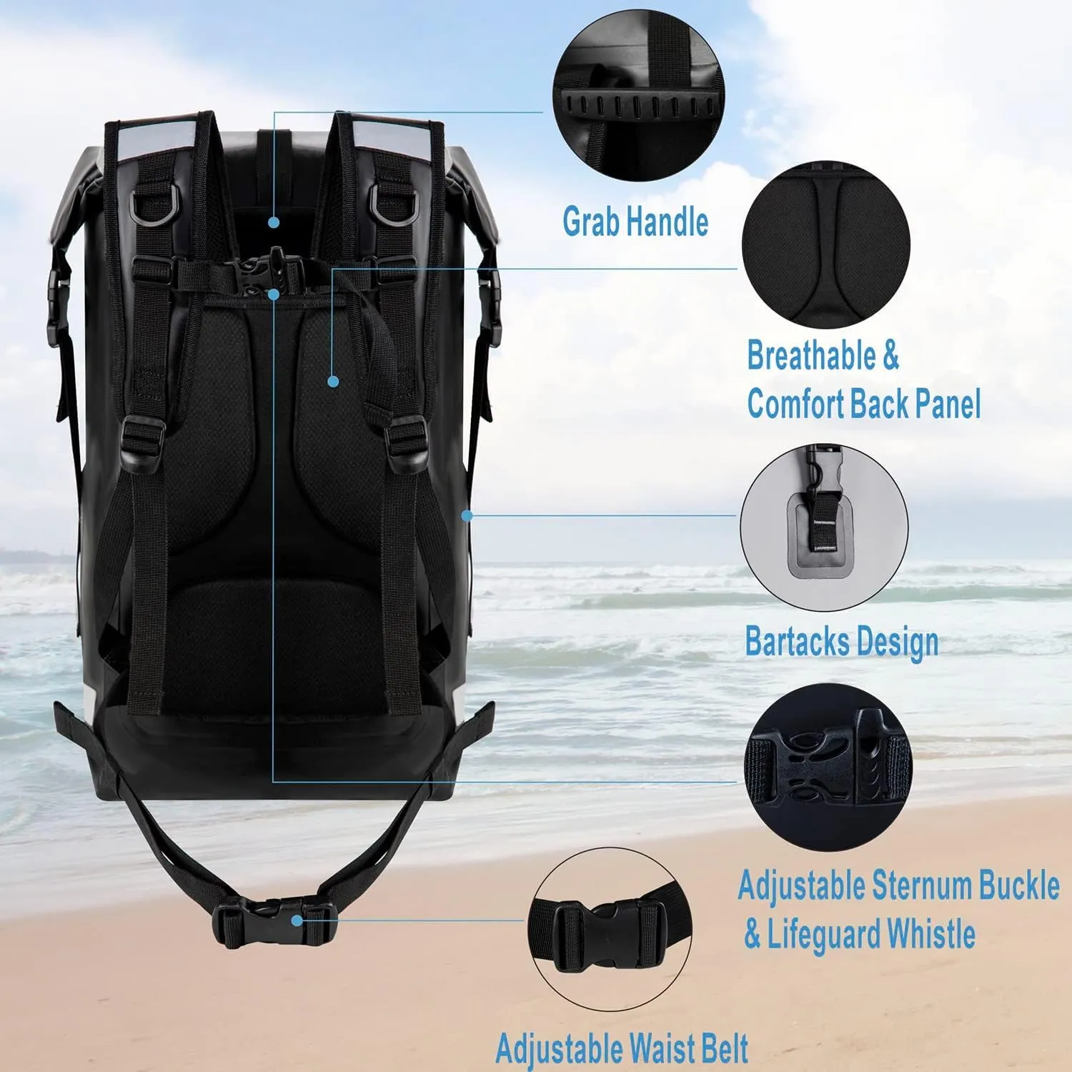 BRONZY Waterproof Backpack Dry Bag 30L Roll Top Closure With Front Zippered Pocket Heavy Duty Breathable Foam Padded Backing Heat Seal Finishing For Kayaking Camping Boating Hiking Beach (Gray)
