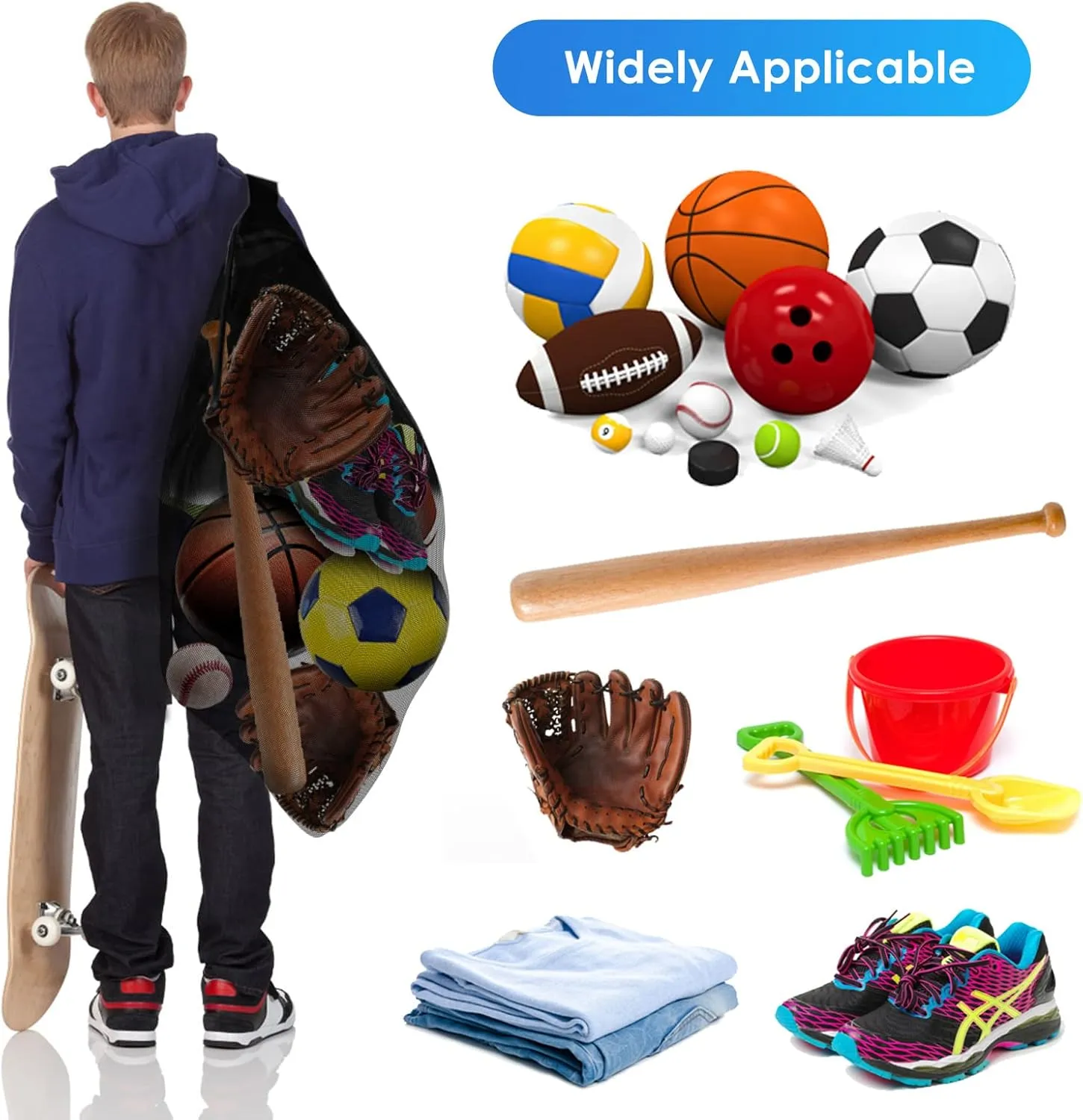 BROTOU Extra Large Sports Ball Bag Mesh, Basketball Bags Team Balls, Adjustable Shoulder Strap, Ball Bags for Holding Soccer, Football, Volleyball, Swimming Gear (30” x 40”)
