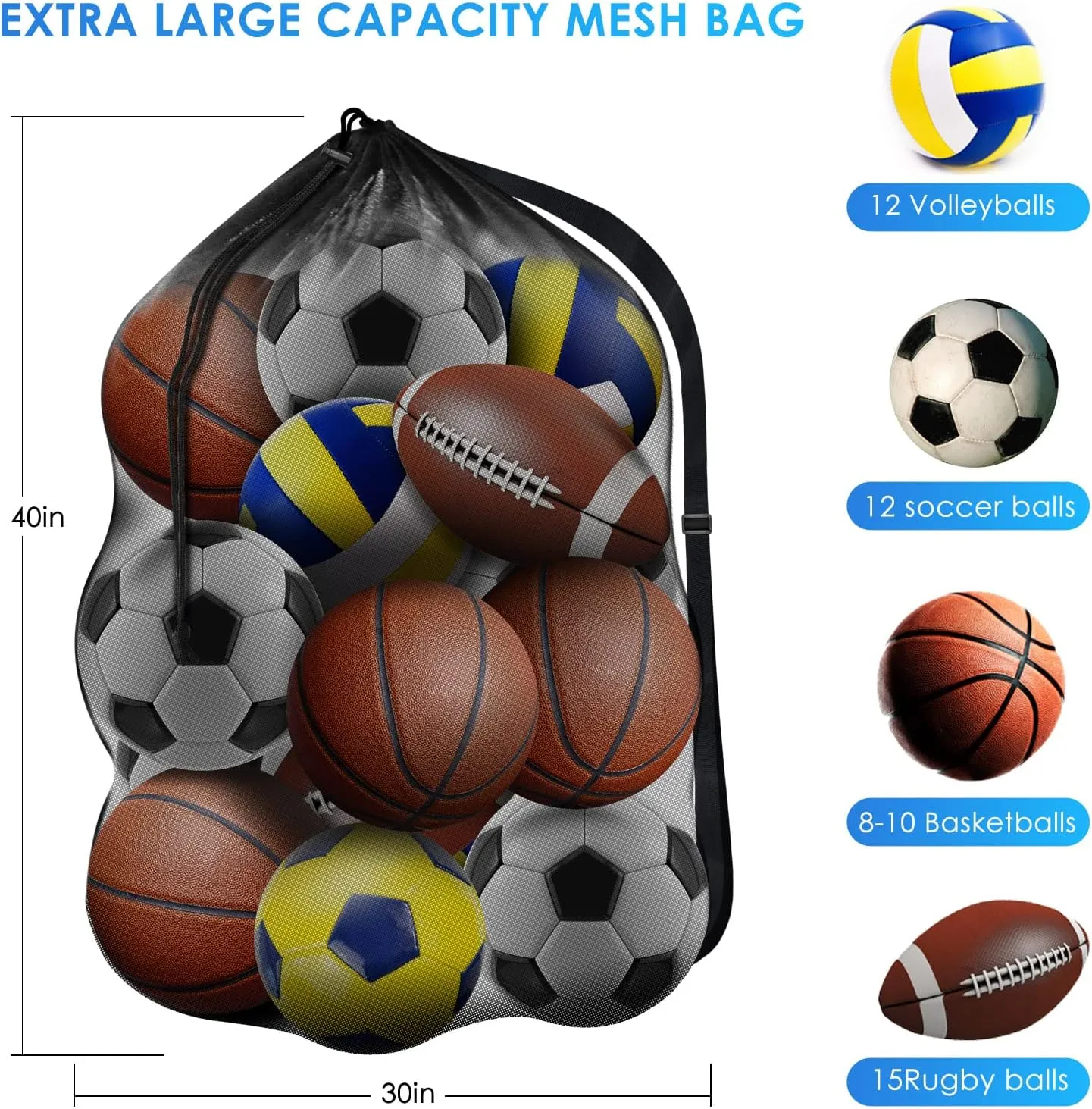 BROTOU Extra Large Sports Ball Bag Mesh, Basketball Bags Team Balls, Adjustable Shoulder Strap, Ball Bags for Holding Soccer, Football, Volleyball, Swimming Gear (30” x 40”)