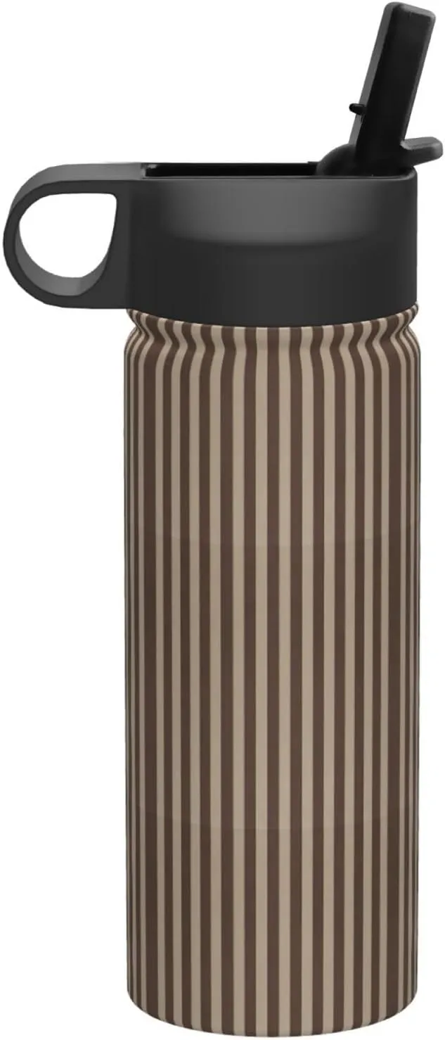 Brown Strip Print Flask Stainless Steel Water Bottle with Straw 18OZ FOR Outdoor Gym Commute