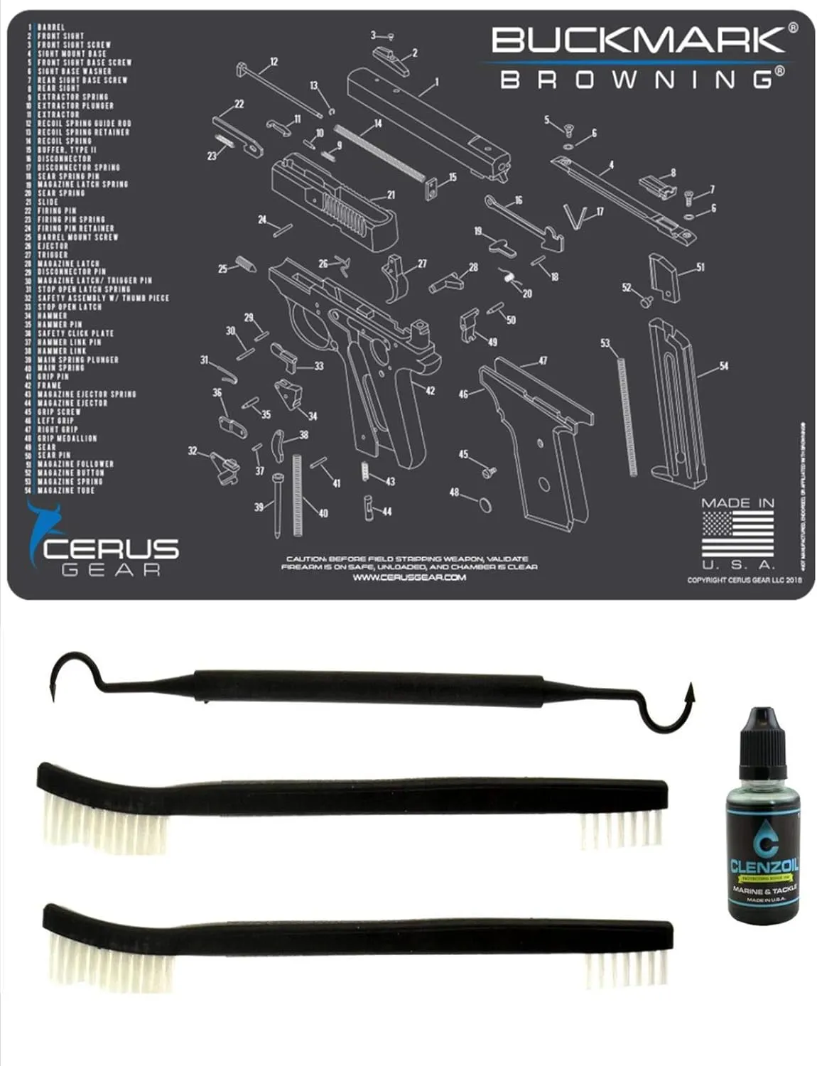 Browning Buckmark 5 PC EDOG Cerus Gear Schematic (Exploded View) Heavy Duty Pistol Cleaning 12x17 Padded Gun-Work Surface Protector Mat Solvent & Oil Resistant & 3 PC Cleaning Essentials & Clenzoil