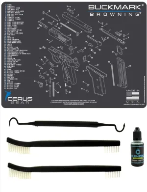 Browning Buckmark 5 PC EDOG Cerus Gear Schematic (Exploded View) Heavy Duty Pistol Cleaning 12x17 Padded Gun-Work Surface Protector Mat Solvent & Oil Resistant & 3 PC Cleaning Essentials & Clenzoil
