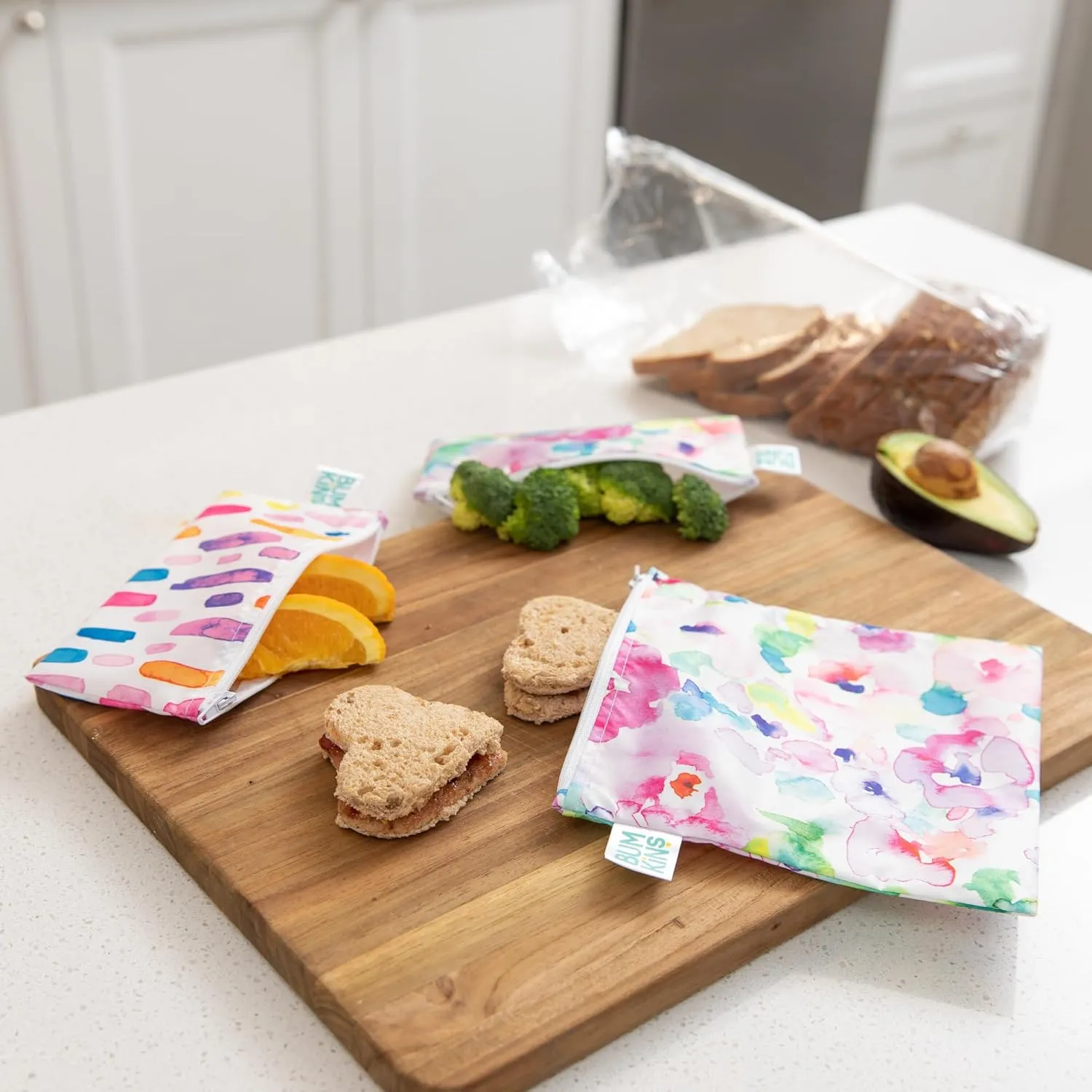 Bumkins Reusable Sandwich and Snack Bags, for Kids School Lunch and for Adults Portion, Washable Fabric, Waterproof Cloth Zip Bag, Travel Pouch, Food-Safe, Large 4-pack Watercolors and Brushstrokes