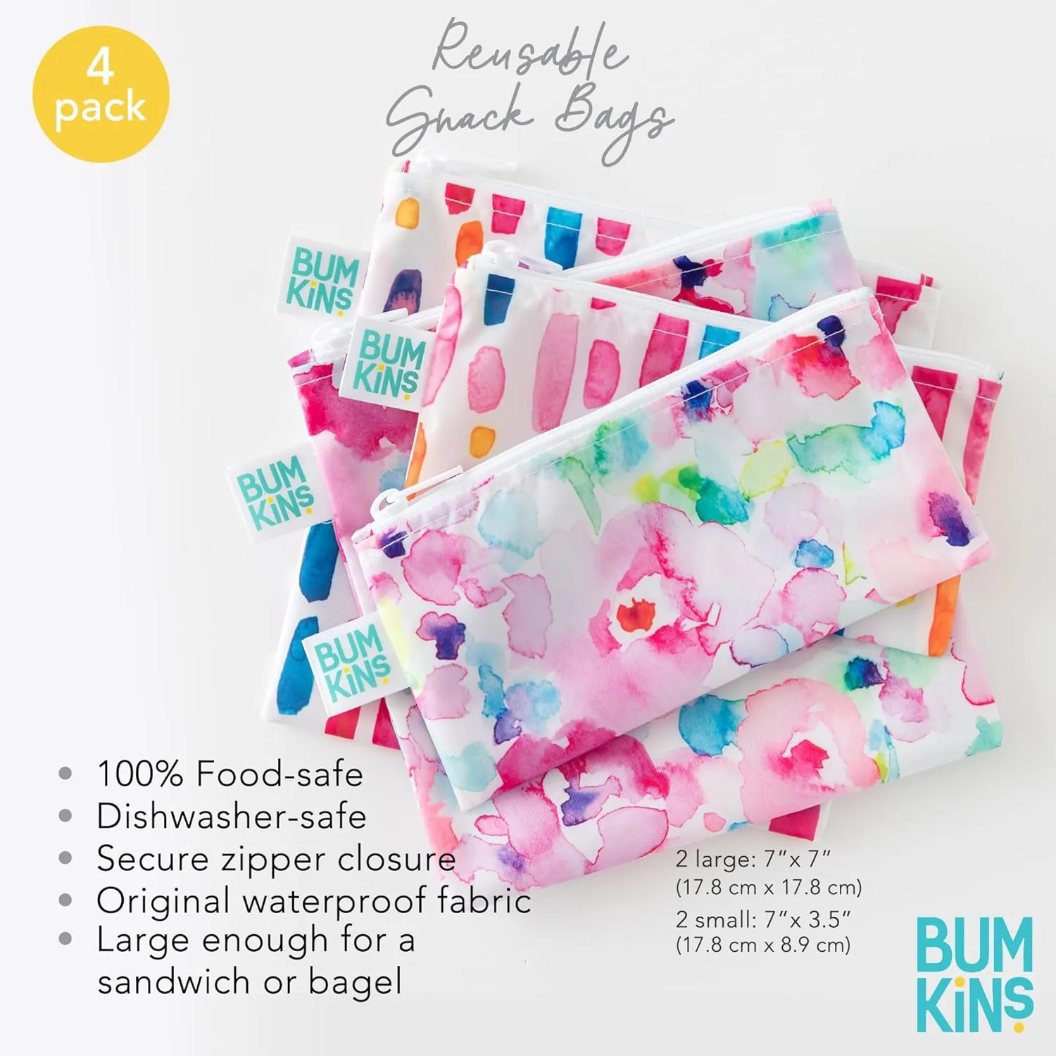 Bumkins Reusable Sandwich and Snack Bags, for Kids School Lunch and for Adults Portion, Washable Fabric, Waterproof Cloth Zip Bag, Travel Pouch, Food-Safe, Large 4-pack Watercolors and Brushstrokes