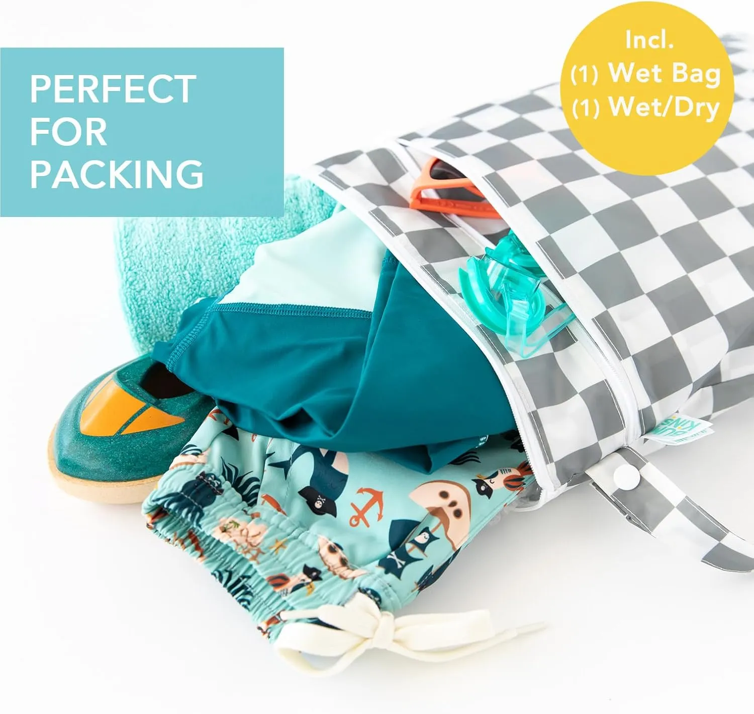 Bumkins Waterproof Wet and Wetdry Bags for Baby, Travel, Swim Suit, Cloth Diaper, Pump Parts, Pool, Beach, Gym Clothes, Toiletry, Hook to Stroller, Daycare, Zipper Reusable Packing Pouch, Gray Check