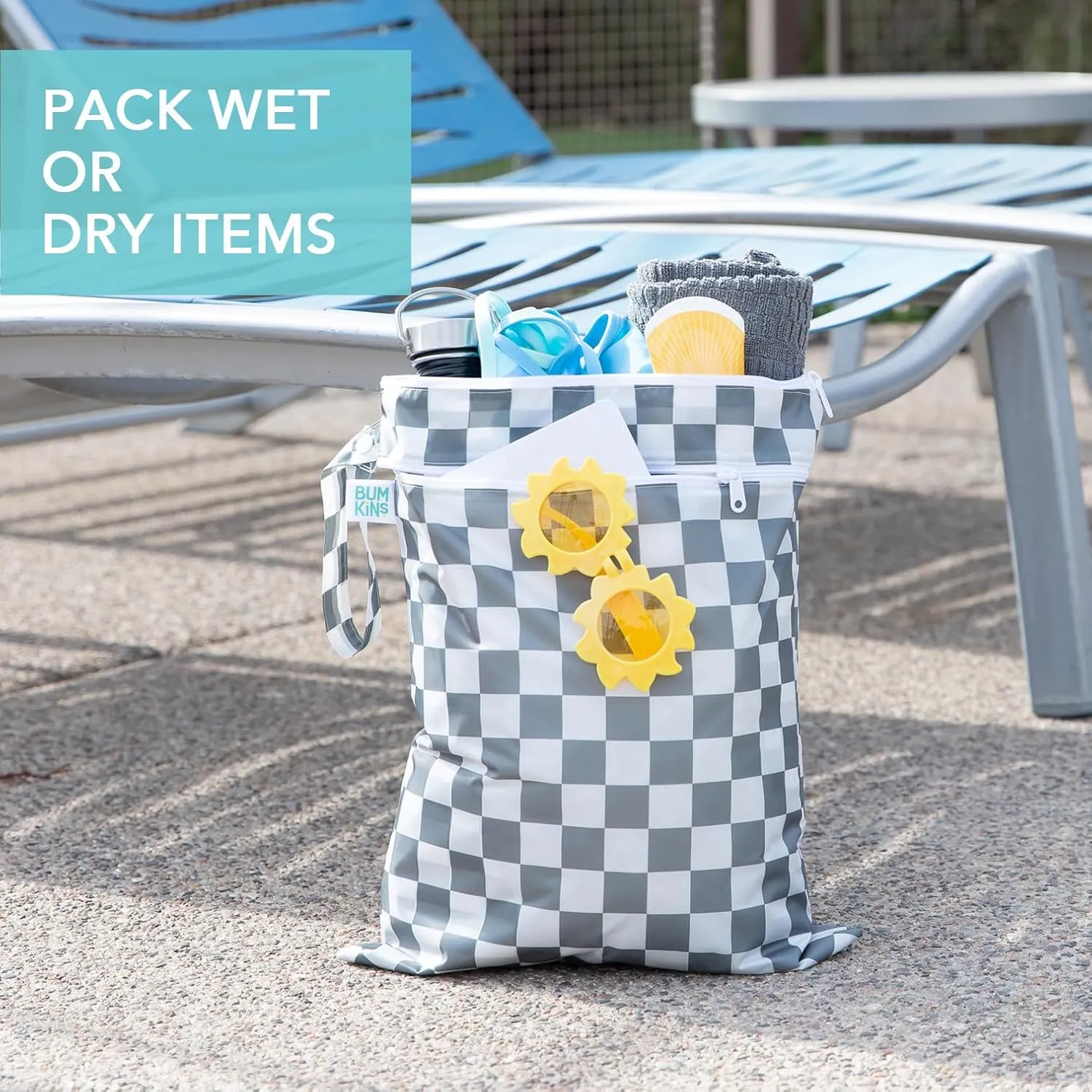 Bumkins Waterproof Wet and Wetdry Bags for Baby, Travel, Swim Suit, Cloth Diaper, Pump Parts, Pool, Beach, Gym Clothes, Toiletry, Hook to Stroller, Daycare, Zipper Reusable Packing Pouch, Gray Check