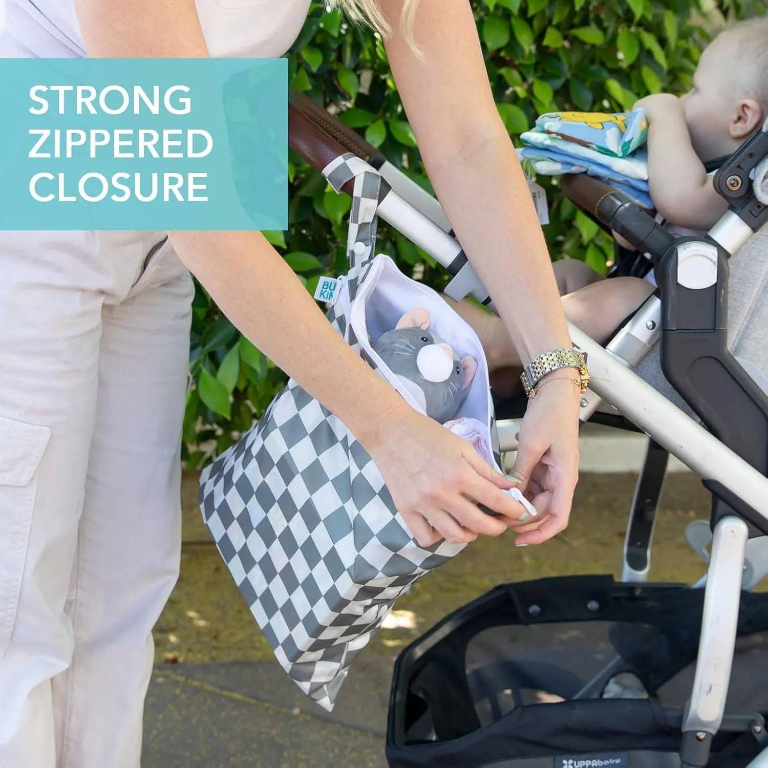 Bumkins Waterproof Wet and Wetdry Bags for Baby, Travel, Swim Suit, Cloth Diaper, Pump Parts, Pool, Beach, Gym Clothes, Toiletry, Hook to Stroller, Daycare, Zipper Reusable Packing Pouch, Gray Check
