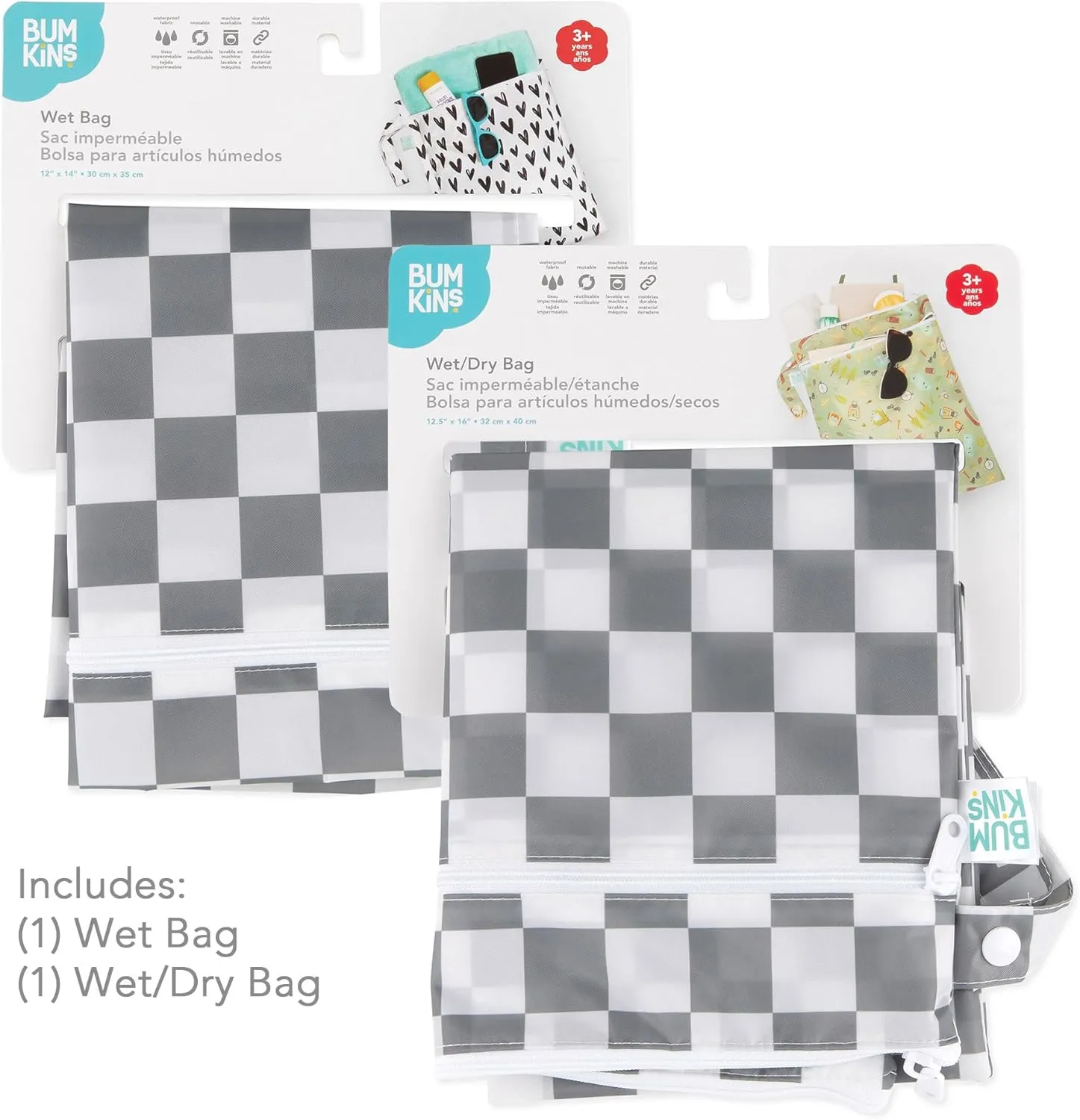 Bumkins Waterproof Wet and Wetdry Bags for Baby, Travel, Swim Suit, Cloth Diaper, Pump Parts, Pool, Beach, Gym Clothes, Toiletry, Hook to Stroller, Daycare, Zipper Reusable Packing Pouch, Gray Check