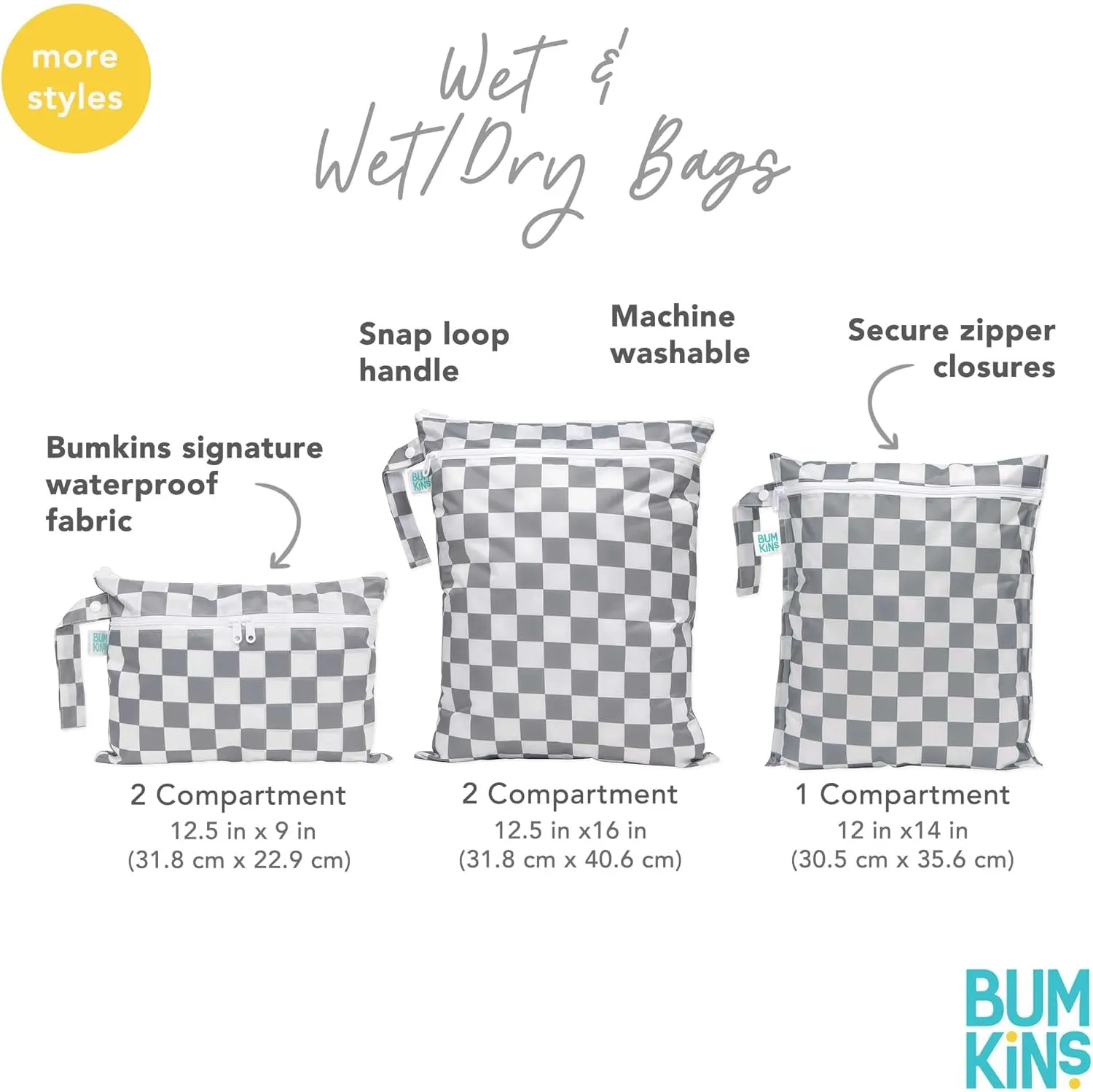 Bumkins Waterproof Wet and Wetdry Bags for Baby, Travel, Swim Suit, Cloth Diaper, Pump Parts, Pool, Beach, Gym Clothes, Toiletry, Hook to Stroller, Daycare, Zipper Reusable Packing Pouch, Gray Check
