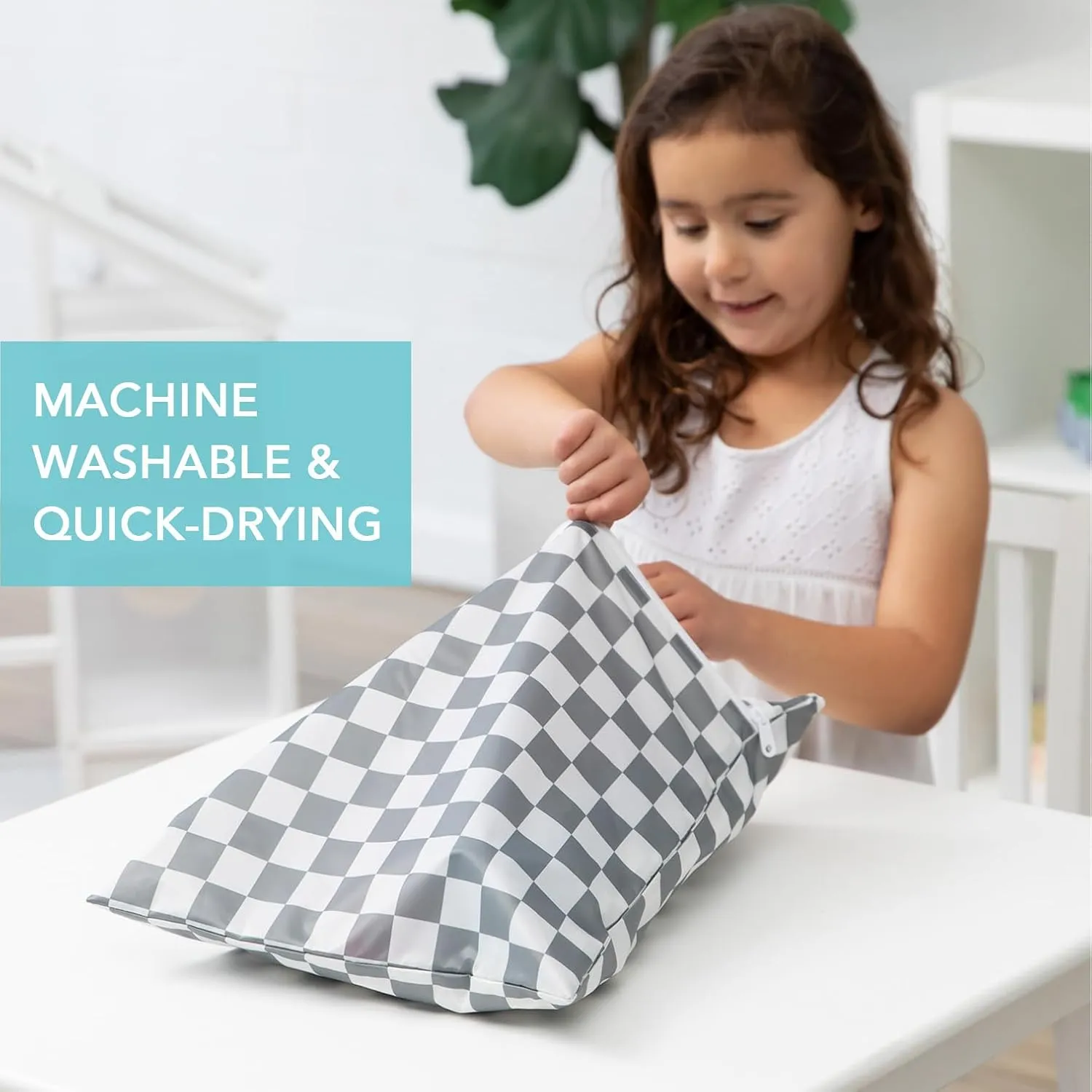 Bumkins Waterproof Wet and Wetdry Bags for Baby, Travel, Swim Suit, Cloth Diaper, Pump Parts, Pool, Beach, Gym Clothes, Toiletry, Hook to Stroller, Daycare, Zipper Reusable Packing Pouch, Gray Check