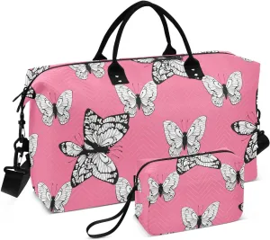 Butterflies Pink Black White Travel Duffel Bag with Toiletry Bag Weekender Bag for Carry on Sports Gym Bag for Maternity Mommy Hospital