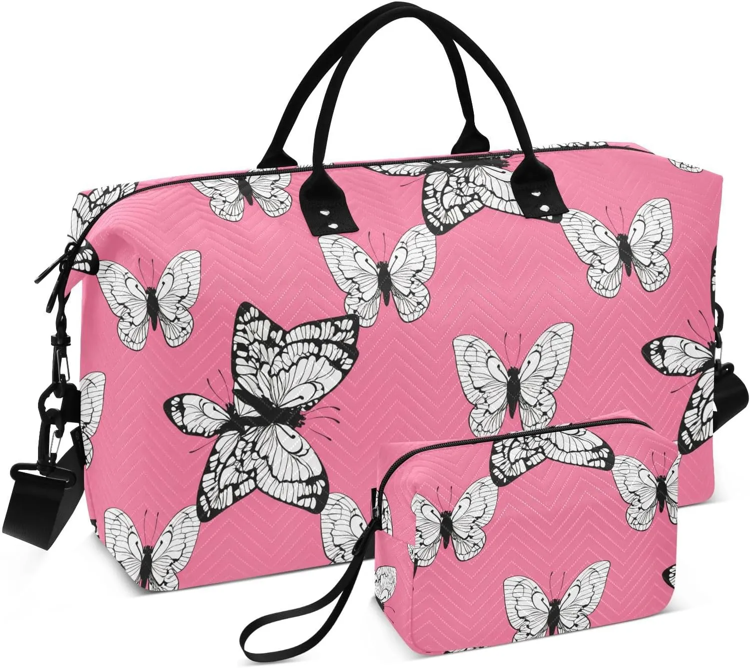 Butterflies Pink Black White Travel Duffel Bag with Toiletry Bag Weekender Bag for Carry on Sports Gym Bag for Maternity Mommy Hospital