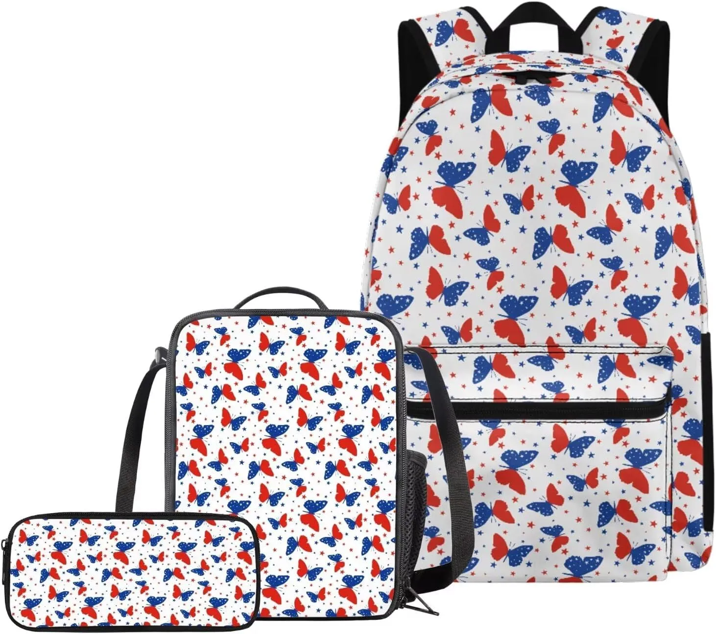 Butterfly Backpack and Lunch Box Set 3 Piece Large Capacity School Bag Lightweight Student Traveling Camping Hiking Schoolbag Book Bag for Boys Girls