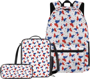Butterfly Backpack and Lunch Box Set 3 Piece Large Capacity School Bag Lightweight Student Traveling Camping Hiking Schoolbag Book Bag for Boys Girls