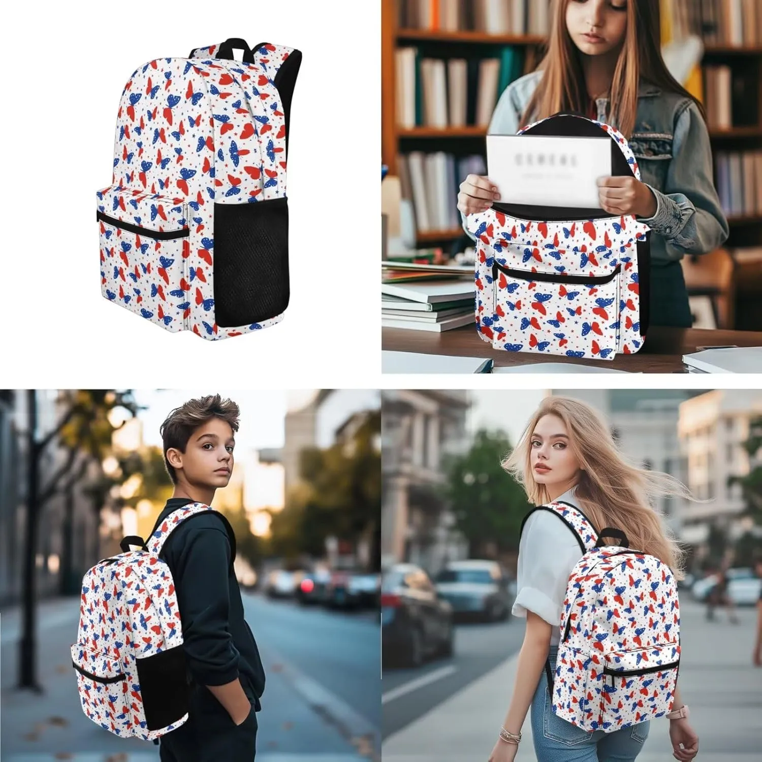 Butterfly Backpack and Lunch Box Set 3 Piece Large Capacity School Bag Lightweight Student Traveling Camping Hiking Schoolbag Book Bag for Boys Girls