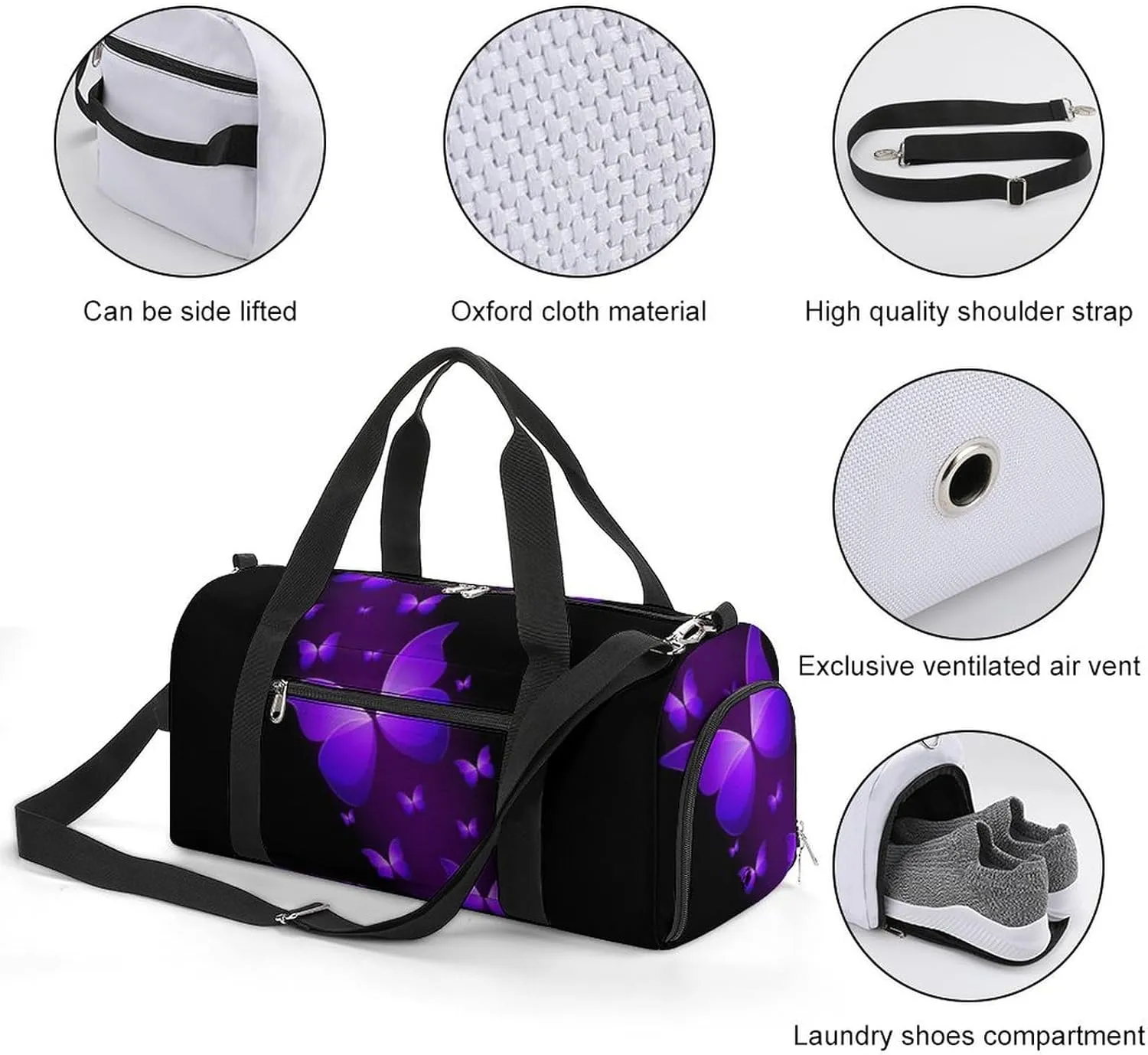 Butterfly Purple Black A Fitness Bag with Large Storage Space Is Suitable for Portable Outdoor Use