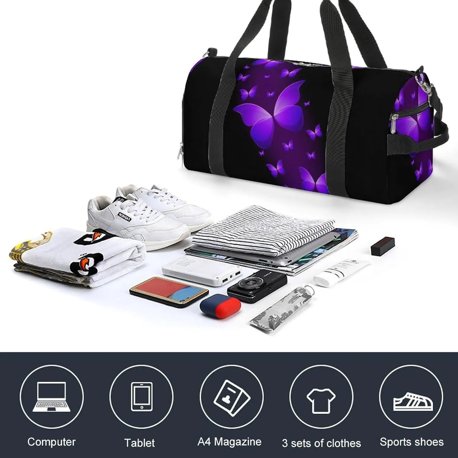 Butterfly Purple Black A Fitness Bag with Large Storage Space Is Suitable for Portable Outdoor Use