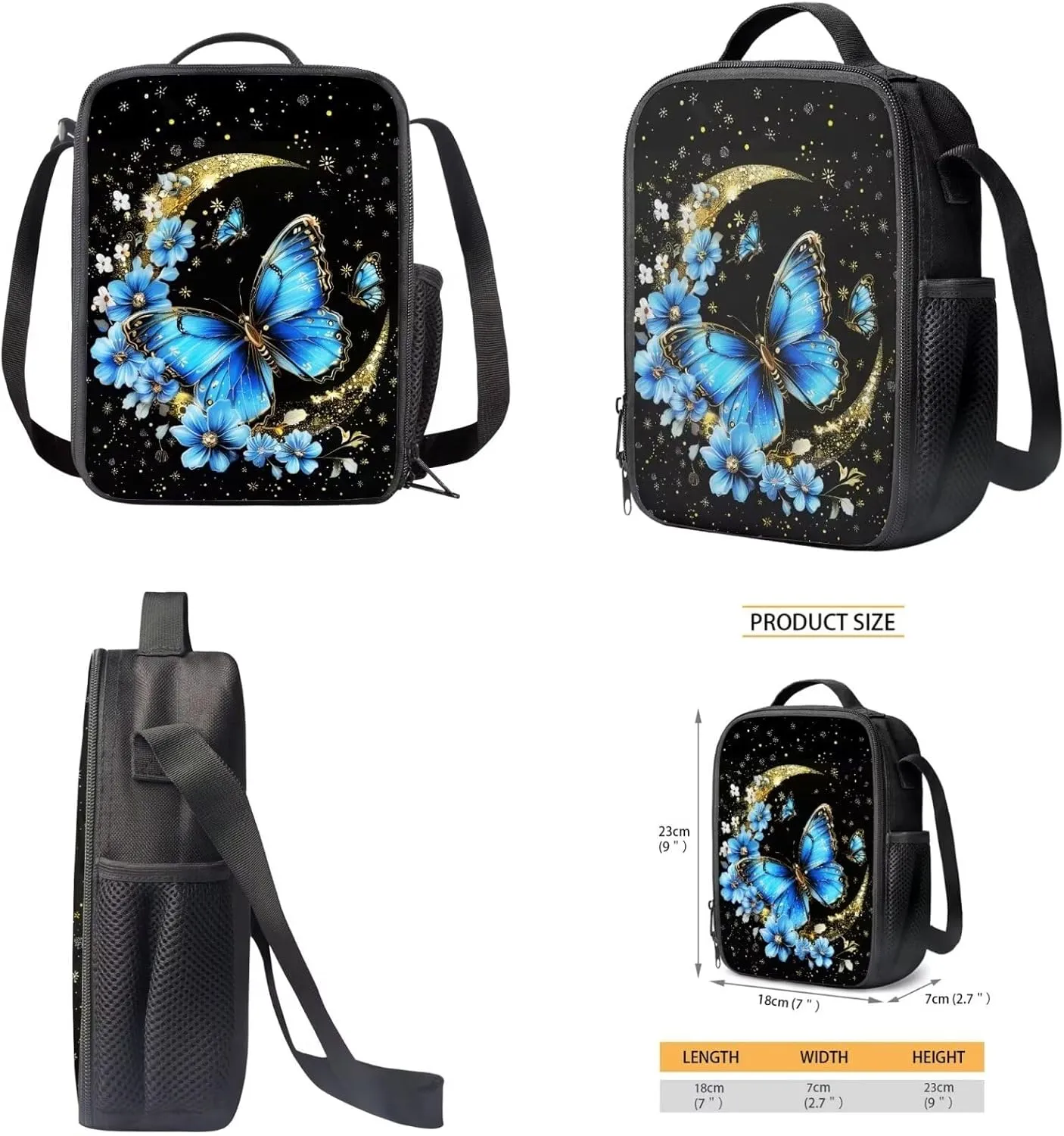 Butterfly School Bag Bookbag with Insulated Lunch Box Bag Pencil Case 3 Pieces Set Kids Kindergarten Preschool School Bookbag 12 Inch Backpack Satchel