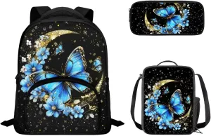 Butterfly School Bag Bookbag with Insulated Lunch Box Bag Pencil Case 3 Pieces Set Kids Kindergarten Preschool School Bookbag 12 Inch Backpack Satchel