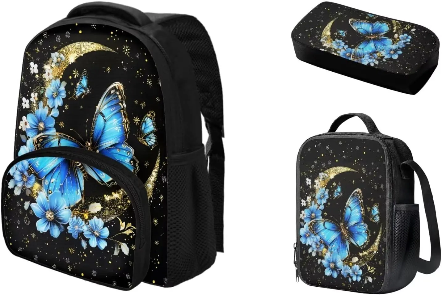 Butterfly School Bag Bookbag with Insulated Lunch Box Bag Pencil Case 3 Pieces Set Kids Kindergarten Preschool School Bookbag 12 Inch Backpack Satchel