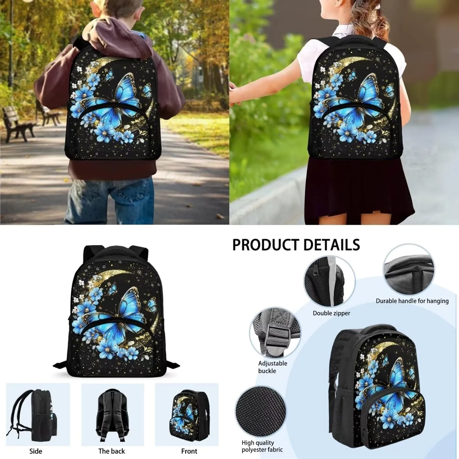 Butterfly School Bag Bookbag with Insulated Lunch Box Bag Pencil Case 3 Pieces Set Kids Kindergarten Preschool School Bookbag 12 Inch Backpack Satchel