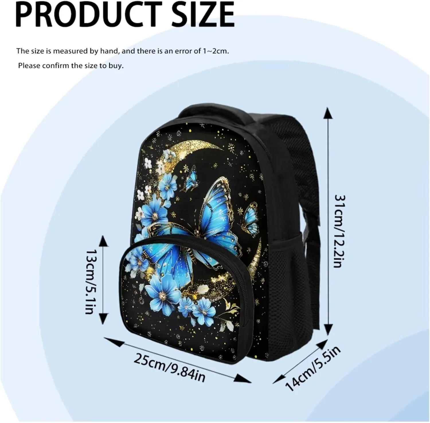 Butterfly School Bag Bookbag with Insulated Lunch Box Bag Pencil Case 3 Pieces Set Kids Kindergarten Preschool School Bookbag 12 Inch Backpack Satchel