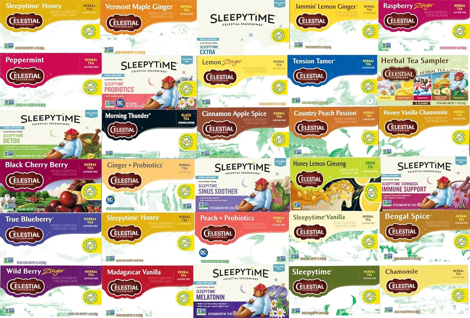 C4all Assortment Celestial Season Tea Bags Variety Pack - 20 Bags per Box - 6 Flavor Tea Variety Pack - Celestial Herbal, Black, and Green Teas Assortment, 6 Assorted Flavors from Picture