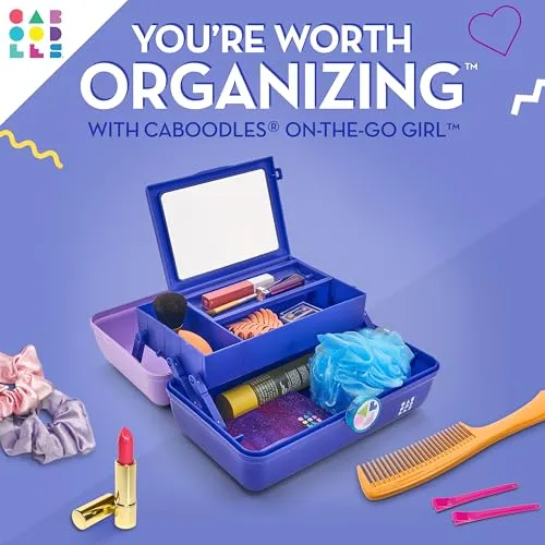 Caboodles On-The-Go Girl Makeup Box, Two-Tone Lilac on Cobalt, Hard Plastic Makeup Organizer Box, Built-In Mirror, Secure Latch for Safe Travel, Spacious Storage for Large Items