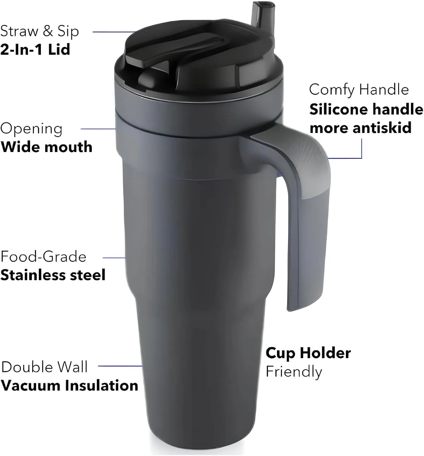 Cafeteria Coffee Mug with Handle for Hot and Cold Drinks, Travel Mug (grey), 40 OZ, Gray, FC094