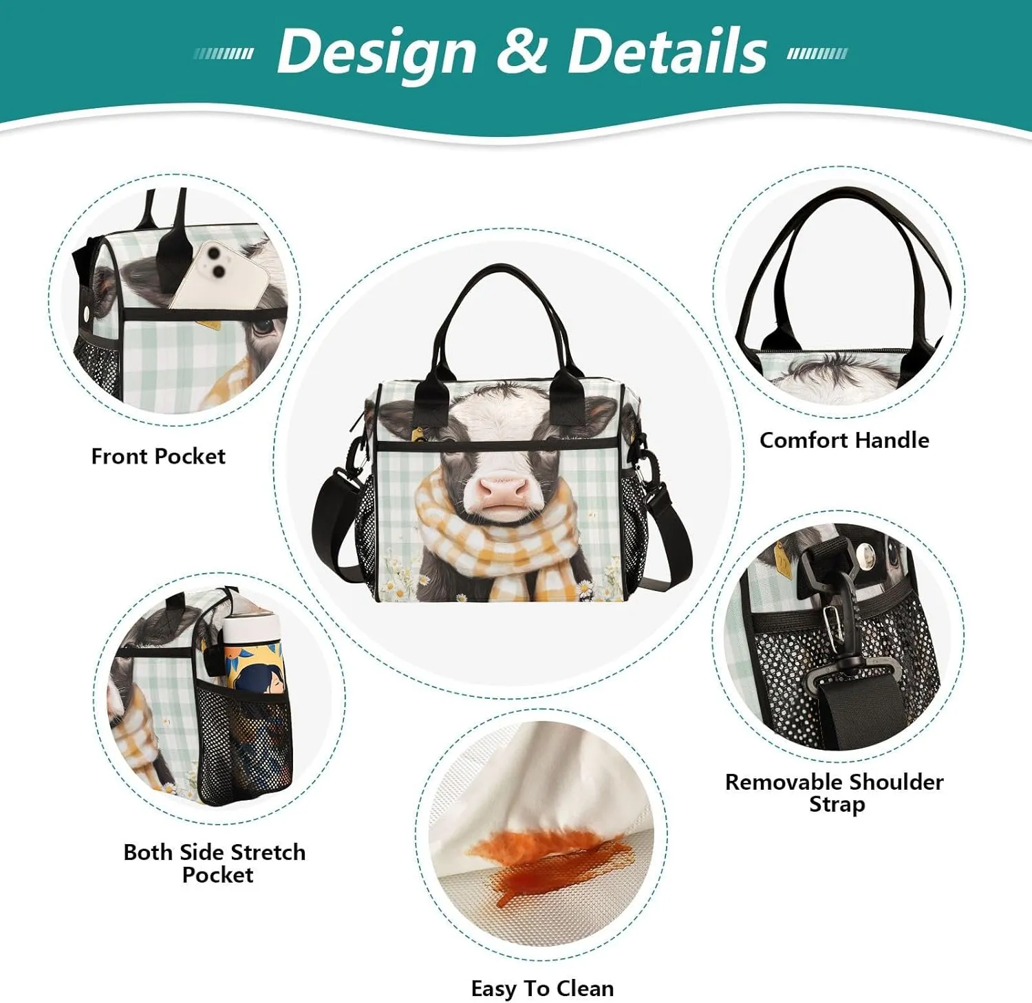 Calf Daisies Mint Lunch Bag for Women Insulated Lunch Organizer Box with Adjustable Shoulder Strap for Office Travel S