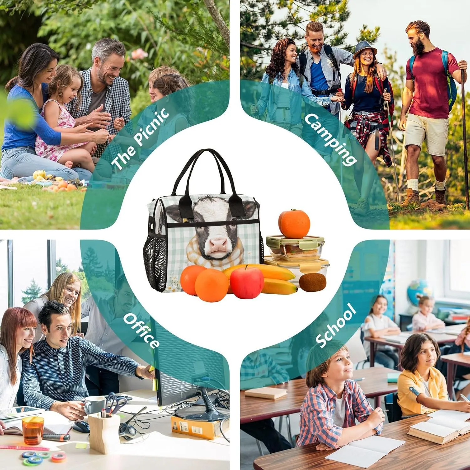 Calf Daisies Mint Lunch Bag for Women Insulated Lunch Organizer Box with Adjustable Shoulder Strap for Office Travel S
