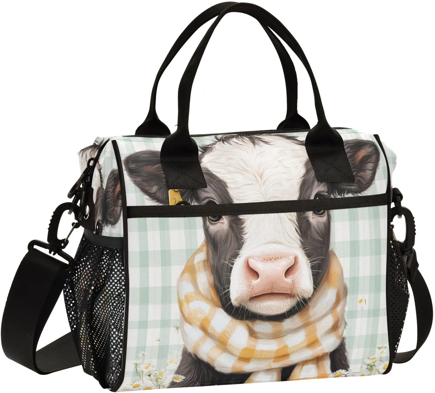 Calf Daisies Mint Lunch Bag for Women Insulated Lunch Organizer Box with Adjustable Shoulder Strap for Office Travel S