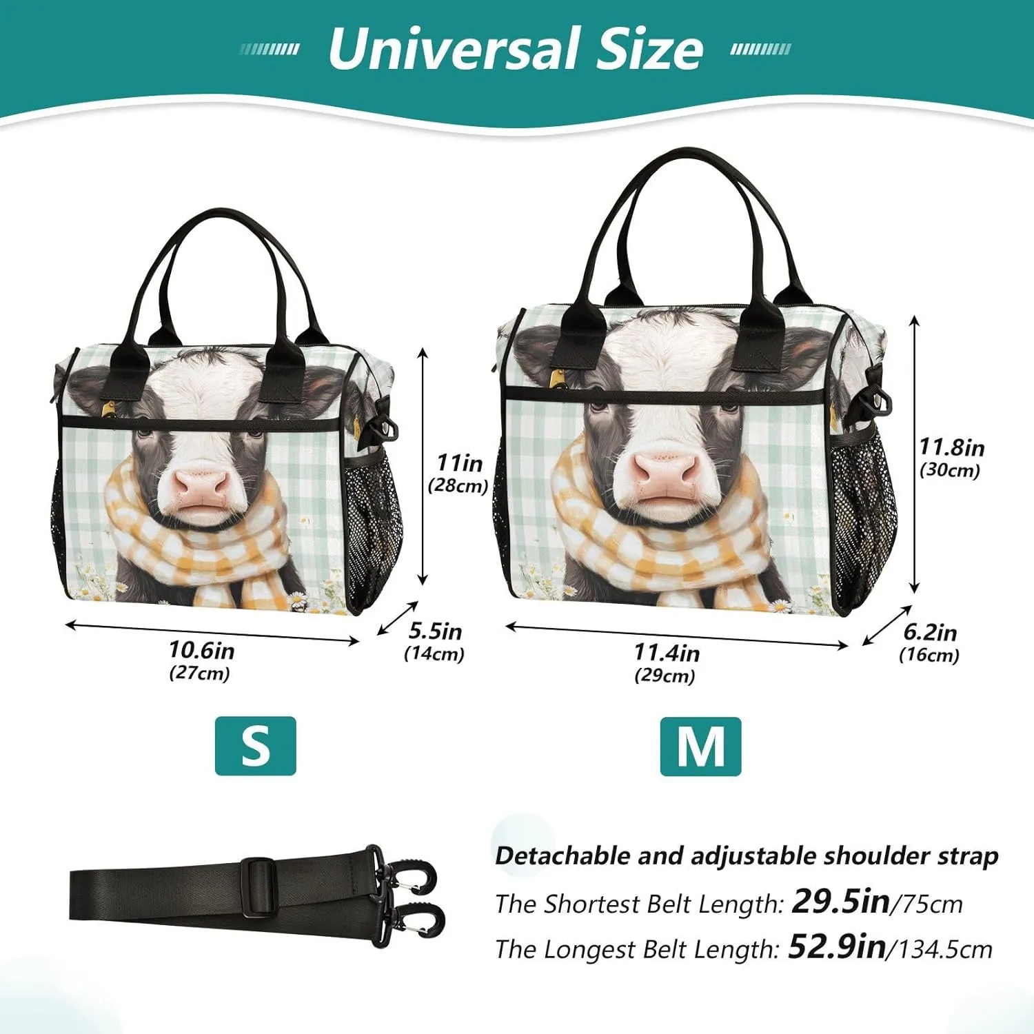 Calf Daisies Mint Lunch Bag for Women Insulated Lunch Organizer Box with Adjustable Shoulder Strap for Office Travel S