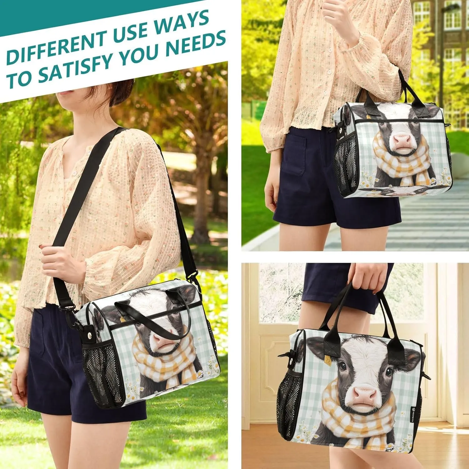Calf Daisies Mint Lunch Bag for Women Insulated Lunch Organizer Box with Adjustable Shoulder Strap for Office Travel S