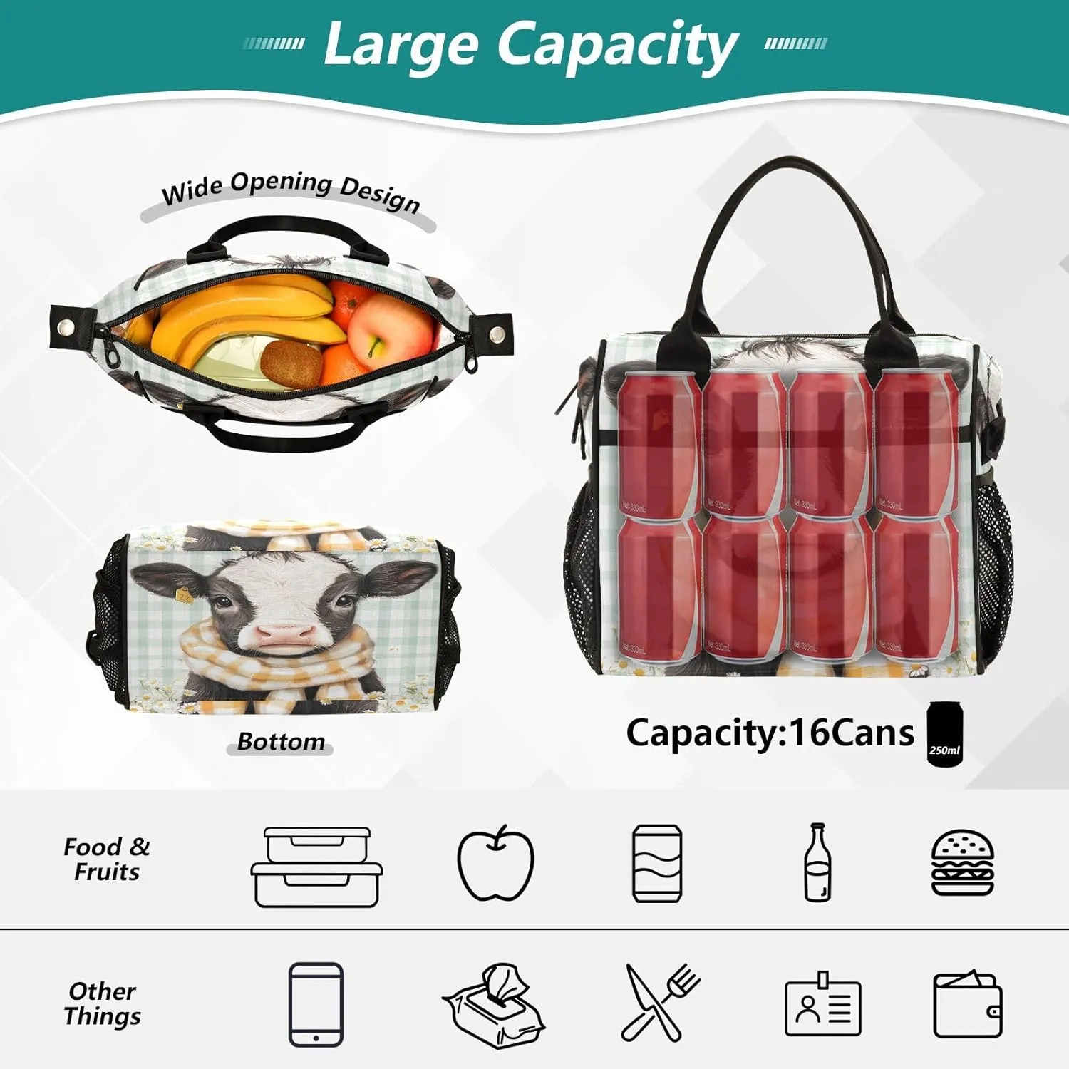 Calf Daisies Mint Lunch Bag for Women Insulated Lunch Organizer Box with Adjustable Shoulder Strap for Office Travel S