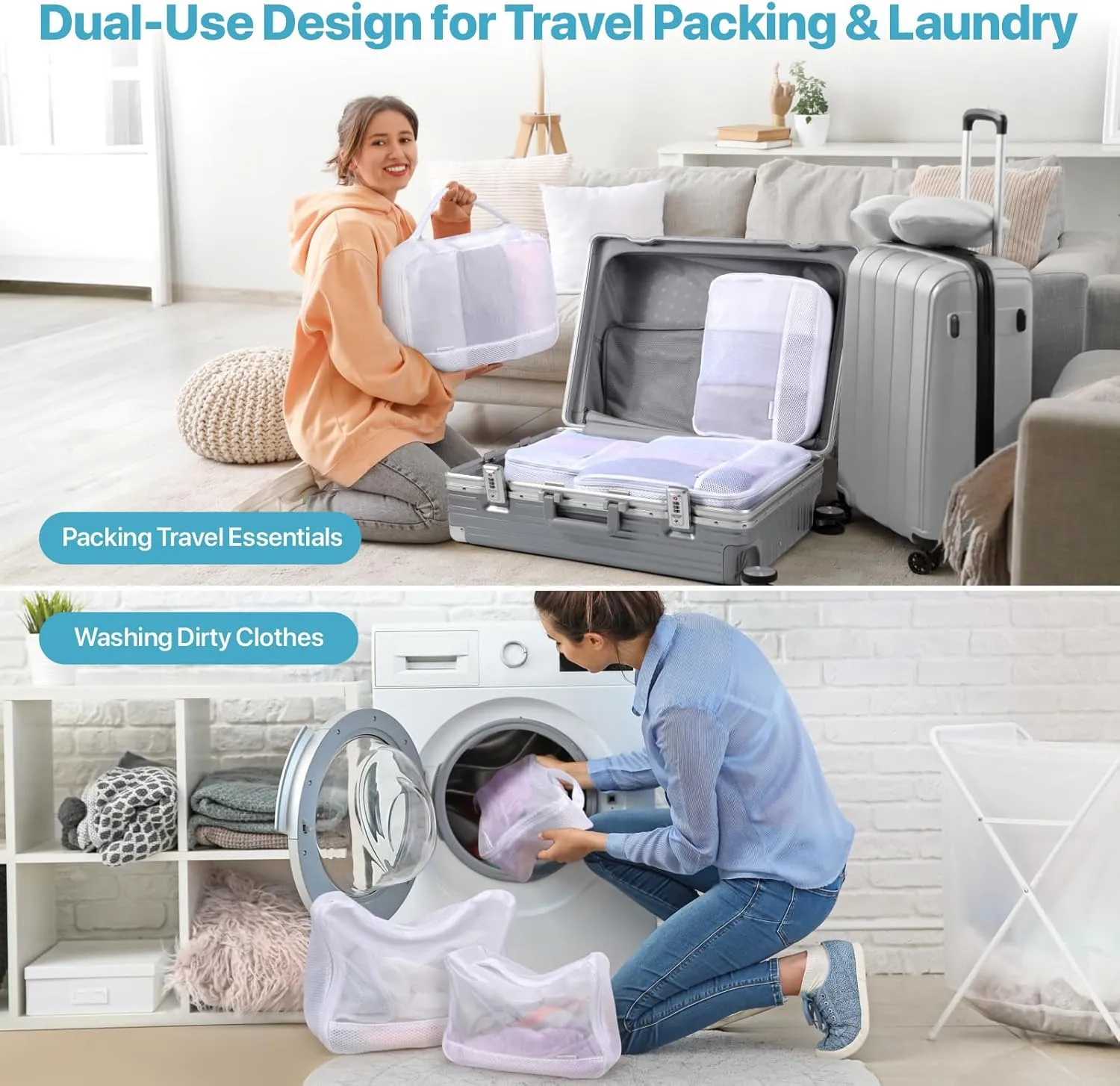Cambond Dual-Use Mesh Packing Cubes Laundry Bag - See Through Packing Cubes for Travel, Lightweight Machine Washable Mesh Laundry Bags Wash Bags with Handle, Travel Bags Luggage Suitcase Organizer