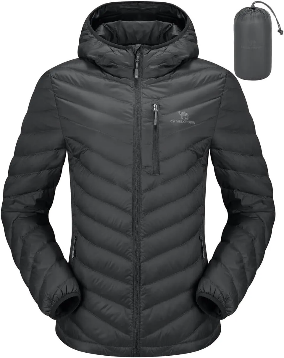 CAMEL CROWN Women's Down Jackets Lightweight Puffer Jackets Packable Quilted Winter Coat Hooded Outerwear With Chest Pocket