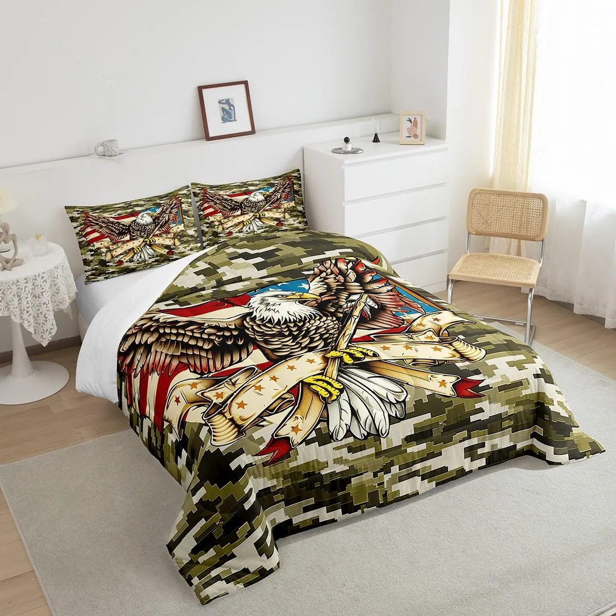 Camo Eagle Kids Comforter Set Twin Size,Boys Girls Adults Bedroom Decor,American Flag Patriotic Retro Down Comforter,Animal Camouflage Rustic Bedding Set,Army Green Grey Duvet Insert,1 Pillowcase